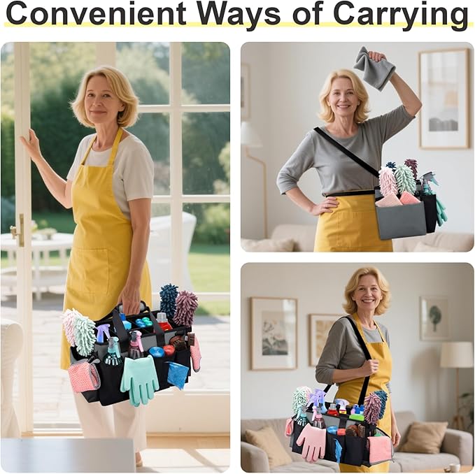 Wigojoy Wearable Large Cleaning Caddy Bag for Housekeeper, Clean Supply Organizer with Adjustable Shoulder, Waist & Handle Straps, Detailing Bag for Kitchen Supplies (Black&Gray)