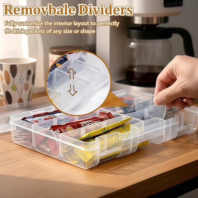 Drink Packet Organizer – Stackable Clear Acrylic Water Flavor Packet Organization with Removable Dividers & Secure Lid for Kitchen, Countertop