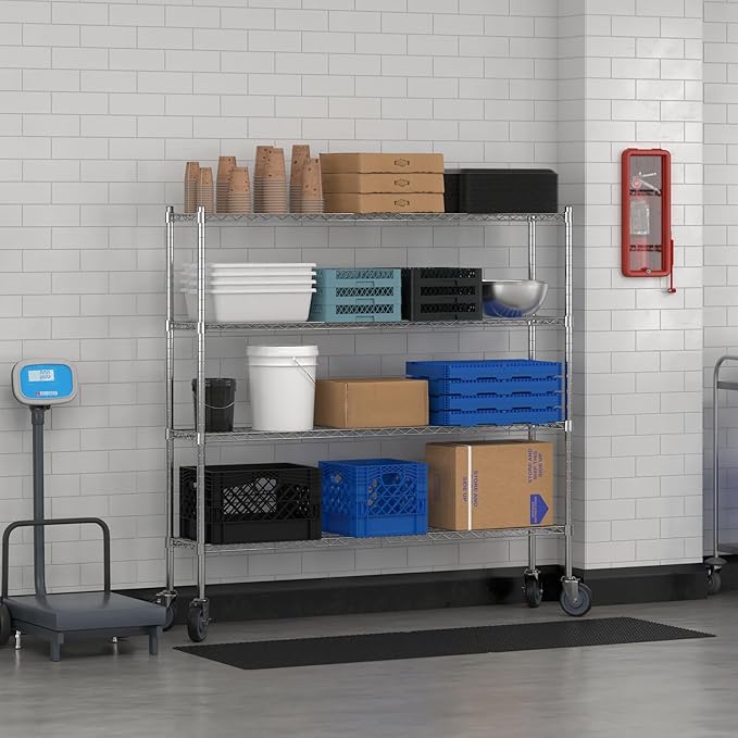 Commercial NSF Listed Chrome Mobile Wire Shelving Kit 12" x 60" x 60", with 4 Shelves Perfect for Warehouse, Walk-in Refrigerator, Freezer, Grocery Store, Restaurant, Dishroom