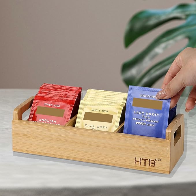HTB Small Tea Bag Holder Pack of 2, Bamboo Tea Organizer 3 Compartments for Beverage Suppliers, Sweeteners, Individual Packets, Portable Tea Bag Organizer for Home Kitchen Counter or Office