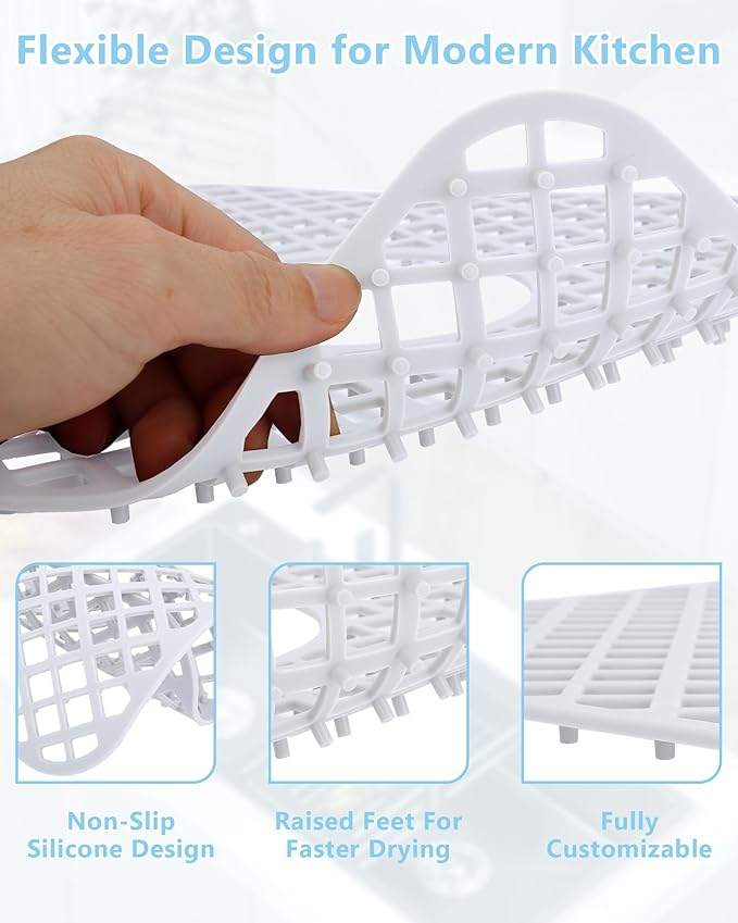 BEHOK 2 Pack Silicone Sink Protectors for Kitchen Sink, Lozenge Pattern 13 x 11 Inches Sink Mat, Non-Slip and Durable Sink Protector Silicone, Rear Drain, White