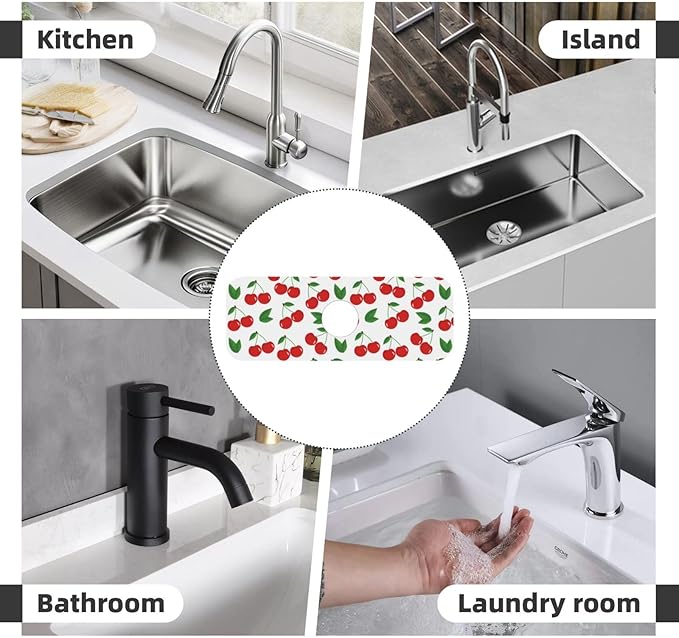 Fruit Cherry Red Cherries Leaves Leaf White Kitchen Sink Splash Guard Faucet Mat Super Absorbent Fast Drying Mat Sink Gadgets-Fast Drying Pad Sink Mat For Kitchen Bathroom (15" X 5.5" )