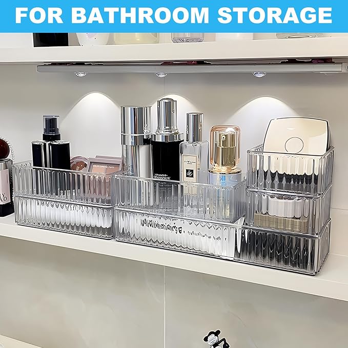 HOTOOLME 14PCS Clear Drawer Organizers Bins, 4 Size Clear Makeup Drawer Organizer, Stackable Vanity Drawer Organiser Trays, Bathroom Drawer Storage for Cosmetics, Office Supply