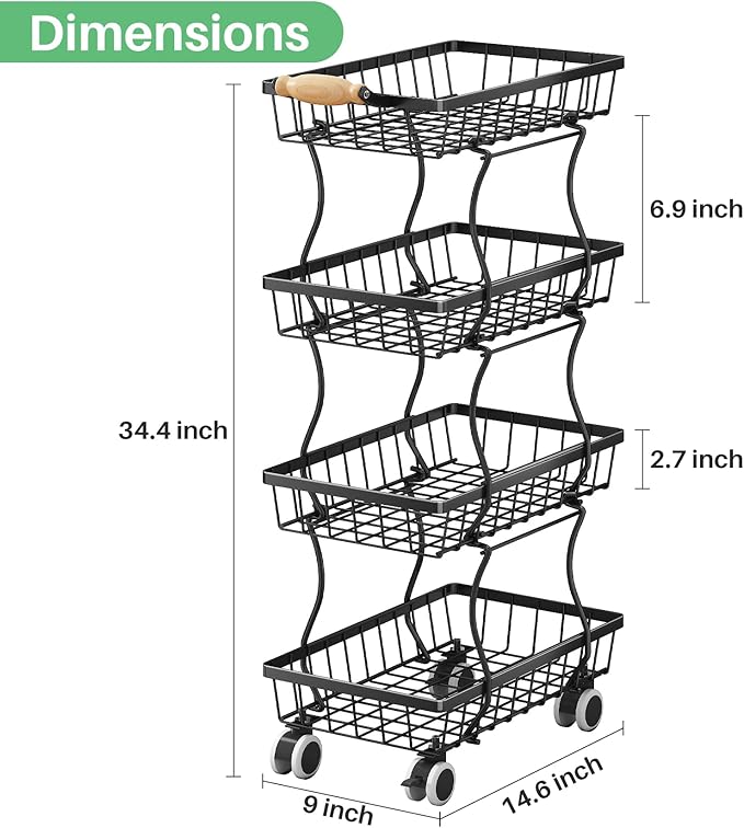 SAYZH Fruit Basket Kitchen Pantry Organizers and Storage - 4 Tier Stackable Metal Wire Basket Stand for Fruit Vegetable Snacks Jars Bins Containers Organization(Black, 4 Tiers)