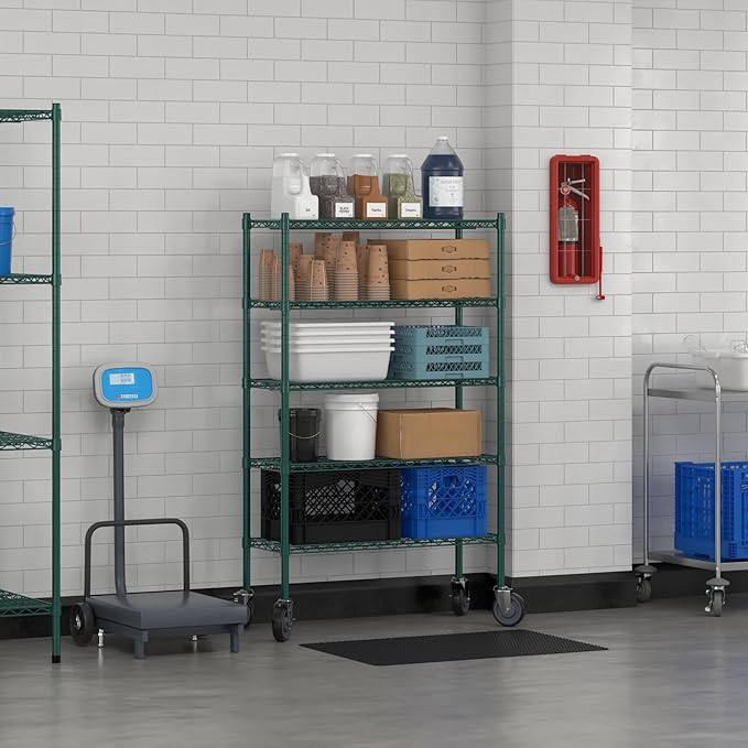 Commercial NSF Listed Green Epoxy Mobile Wire Shelving Kit 14" x 36" x 60", with 5 Shelves Perfect for Warehouse, Walk-in Refrigerator, Freezer, Grocery Store, Restaurant, Dishroom