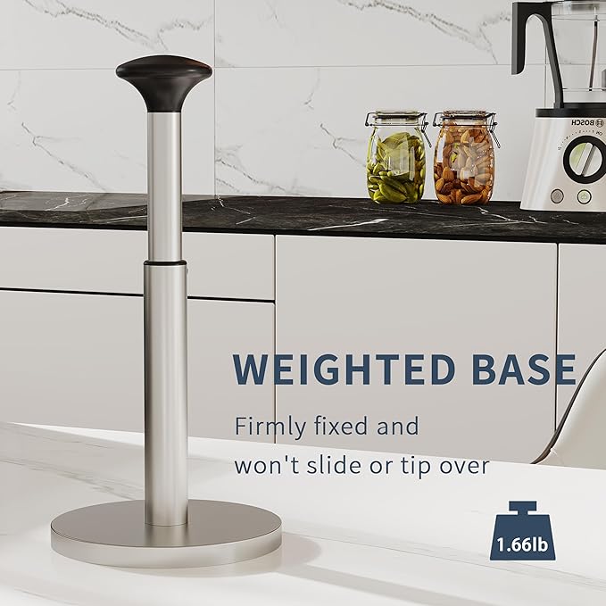 Paper Towel Holder Countertop, Standing Paper Towel Dispenser with Weighted Base, Stainless Steel Paper Towel Holder for Kitchen, One-Handed Operation(Brushed Nickel)