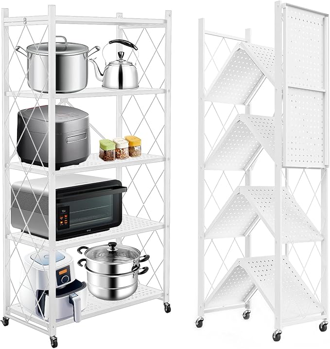 Foldable Storage Shelves with Wheels, Folding Shelving Units Storage, Heavy Duty Metal Collapsible Shelf No Assembly, Large Capacity Pop-Up Organizer for Garage,Kitchen,Living Room, 5-Tier White