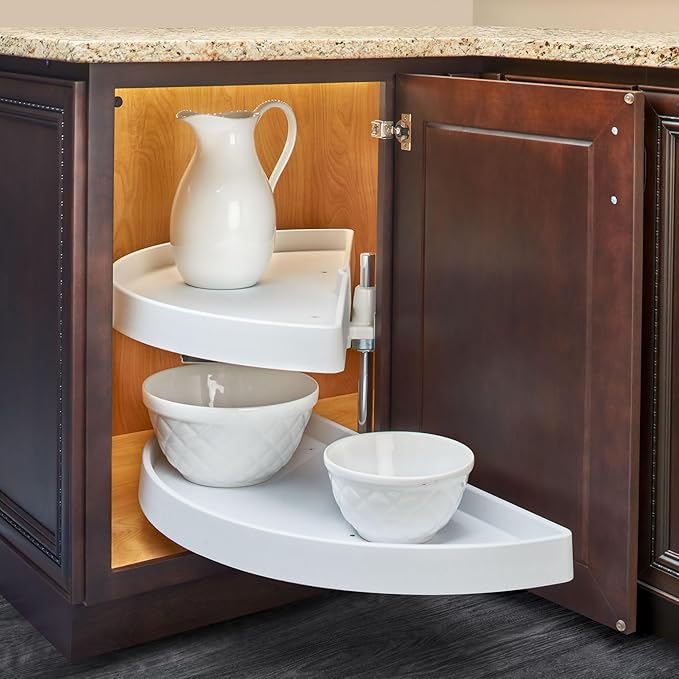 Rev-A-Shelf 33" Pull Out Half Moon Shelves for Blind Corner Kitchen/Bathroom Cabinets, 2 Shelf Sliding Organizer with Hardware, White, 6882-33-11-570