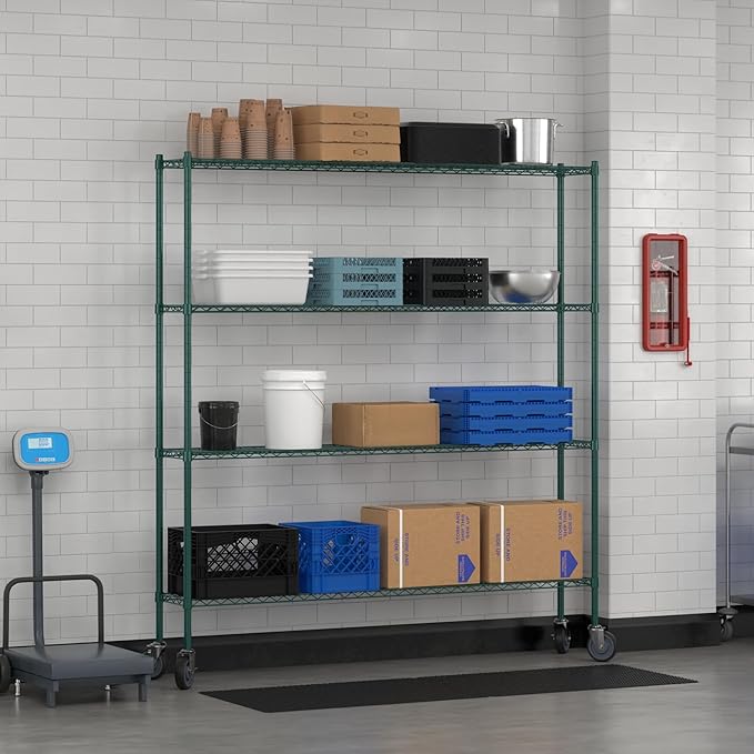 Commercial NSF Listed Green Epoxy Mobile Wire Shelving Kit 12" x 72" x 80", with 4 Shelves Perfect for Warehouse, Walk-in Refrigerator, Freezer, Grocery Store, Restaurant, Dishroom