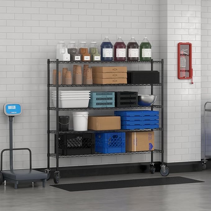Commercial NSF Listed Black Epoxy Mobile Wire Shelving Kit 12" x 60" x 60", with 5 Shelves Perfect for Warehouse, Walk-in Refrigerator, Freezer, Grocery Store, Restaurant, Dishroom