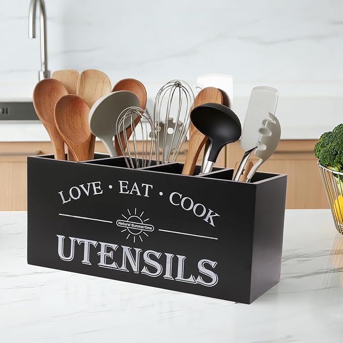 2 PC Wooden Utensil Holder,(With 4-Compartments size*1 + 3-Compartments size*1) Extra Large Kitchen Counter,Cooking Spatula Organizer,Farmhouse Decor, Rustic Cooking Utensil