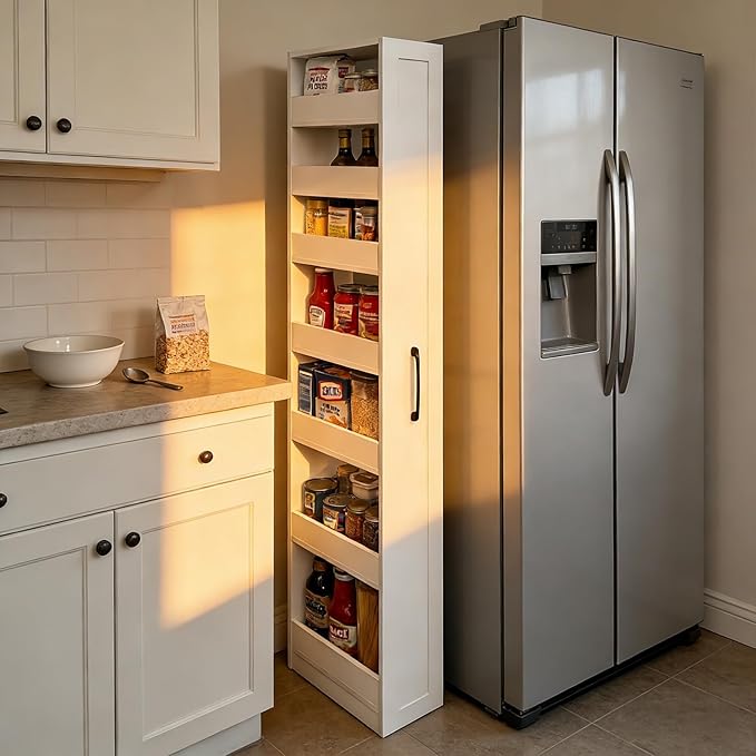 Slim Storage Cabinet, 7 Tier Pull Out Pantry Shelf for Kitchen, Narrow Rolling Storage Cart with Handle, Skinny Spice Rack Next to Fridge for Small Spaces, White