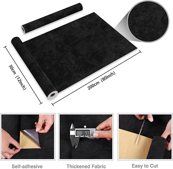 CRE8TIVE Crinkle Crushed Velvet Wallpaper 12"x80" Black Peel and Stick Wallpaper Self Adhesive Velvet Flocking Liner for Jewelry Drawer Box Lining Black Felt Sheets for DIY Crafts Displays Accent Wall
