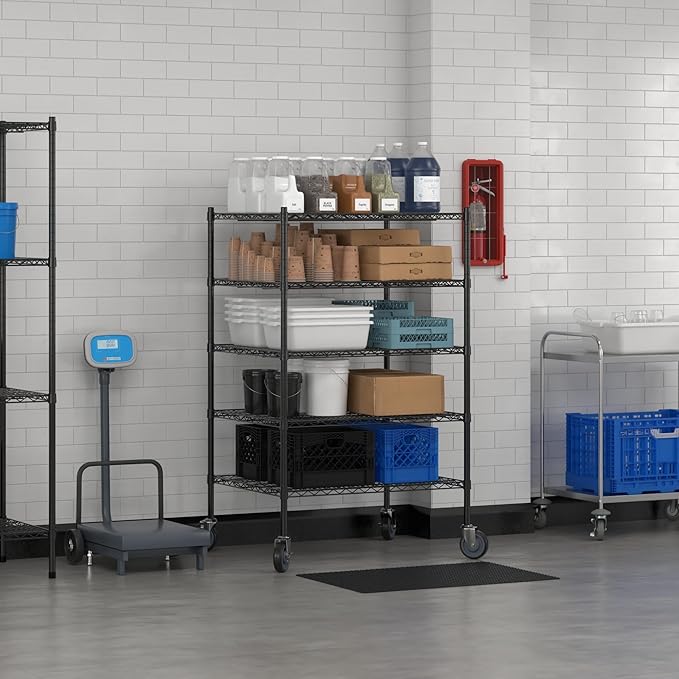 Commercial NSF Listed Black Epoxy Mobile Wire Shelving Kit 30" x 36" x 60", with 5 Shelves Perfect for Warehouse, Walk-in Refrigerator, Freezer, Grocery Store, Restaurant, Dishroom