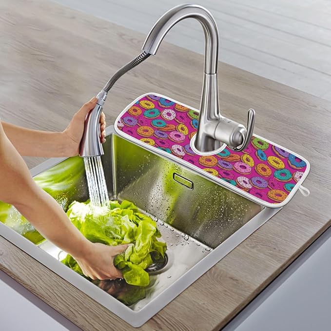 2 PCS Kitchen Sink Splash Guard 30 Inch Faucet Mat for Kitchen Sink Bathroom Sink Faucet Absorbing Drip Drain Mat Pad Microfiber Soft Washable Cute Colorful Donuts