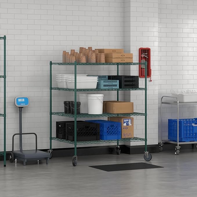 Commercial NSF Listed Green Epoxy Mobile Wire Shelving Kit 36" x 48" x 60", with 4 Shelves Perfect for Warehouse, Walk-in Refrigerator, Freezer, Grocery Store, Restaurant, Dishroom