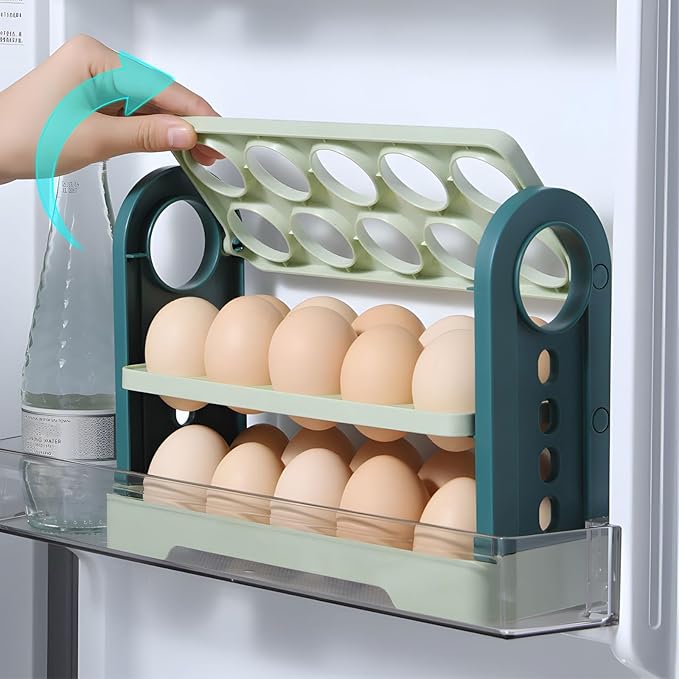 Flippable Egg Holder For Refrigerator Can store 30 eggs, 3 Layer Egg Storage Container For Refrigerator Side Door, Large Capacity Egg Container, Egg Organizer, Egg Storage 30 Count (green)