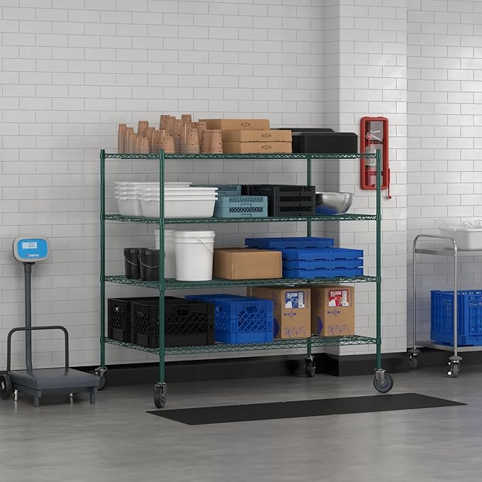 Commercial NSF Listed Green Epoxy Mobile Wire Shelving Kit 36" x 60" x 60", with 4 Shelves Perfect for Warehouse, Walk-in Refrigerator, Freezer, Grocery Store, Restaurant, Dishroom