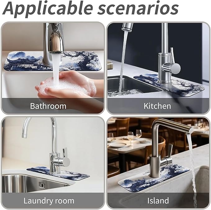 Kitchen Sink Splash Guard,Black White Ink Landscape Faucet Mat Sink Gadgets-Super Absorbent Fast Drying Mat Drip Catcher for Kitchen, Bathroom,Sink Mat, Dish Drying Mat, Bathroom(15" X 5.5" )