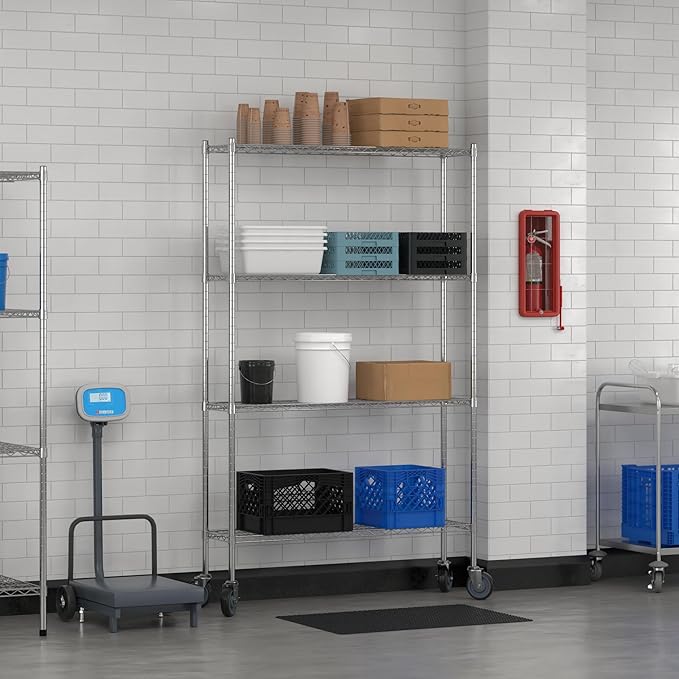 Commercial NSF Listed Chrome Mobile Wire Shelving Kit 12" x 48" x 80", with 4 Shelves Perfect for Warehouse, Walk-in Refrigerator, Freezer, Grocery Store, Restaurant, Dishroom