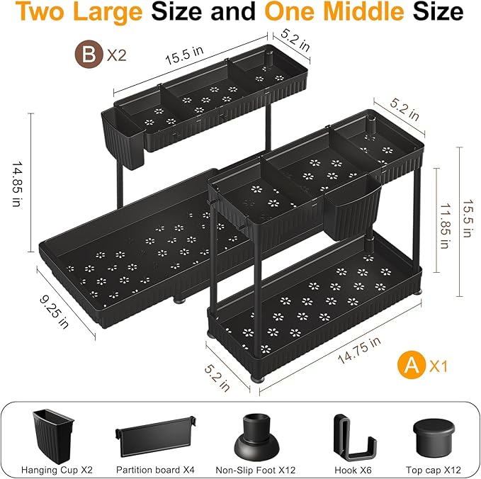 3 Pack Multi-Purpose Under Sink Organizers and Storage, 2025 L-Shaped Pull Out Cabinet Organizer for Bathroom & Kitchen, Under Cabinet Organizer with Hooks Hanging cup, Black, 14.85 inch