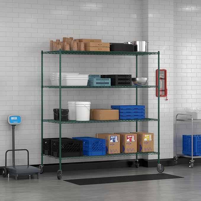 Commercial NSF Listed Green Epoxy Mobile Wire Shelving Kit 30" x 72" x 80", with 4 Shelves Perfect for Warehouse, Walk-in Refrigerator, Freezer, Grocery Store, Restaurant, Dishroom