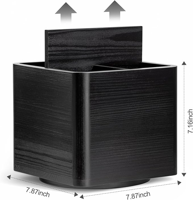 Extra Large Rotating Utensil Holder for Kitchen Counter, Large Wooden Utensil Holder with 4 Compartments, Black