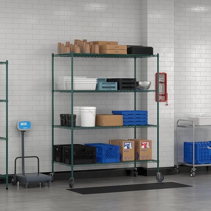 Commercial NSF Listed Green Epoxy Mobile Wire Shelving Kit 30" x 60" x 80", with 4 Shelves Perfect for Warehouse, Walk-in Refrigerator, Freezer, Grocery Store, Restaurant, Dishroom