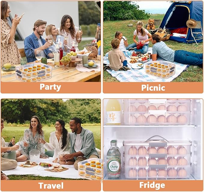 2 Layer Deviled Egg Containers with Lid, 36 Slots Deviled Egg Tray Carrier with Handle and Injector Piping Tool, Fridge Stackable Portable Clear Storage Egg Platter for Party Picnic Travel (Orange)