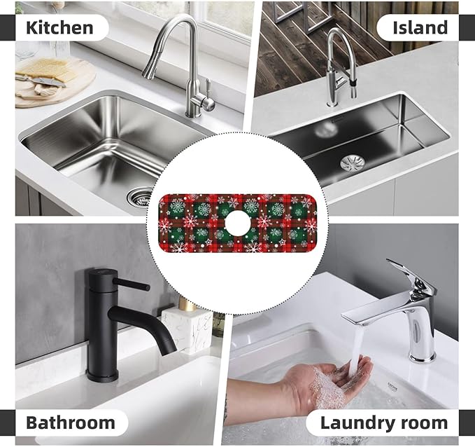 Merry Christmas Snowflakes Red Green Lattice Plaid Kitchen Sink Splash Guard Faucet Mat 1 Pcs, Absorbent Fast Drying Mat Gadgets Splash Guard For Bathroom 15 X 5.5 Inches