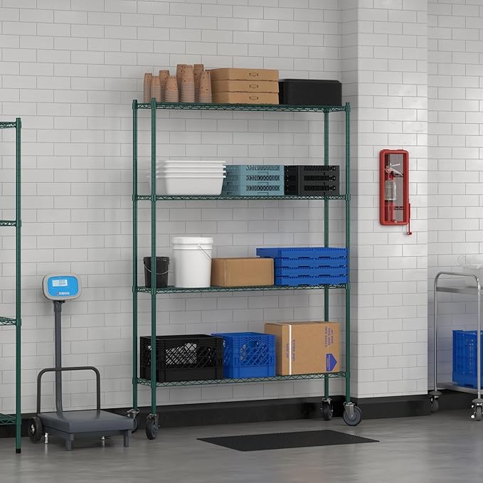 Commercial NSF Listed Green Epoxy Mobile Wire Shelving Kit 12" x 54" x 80", with 4 Shelves Perfect for Warehouse, Walk-in Refrigerator, Freezer, Grocery Store, Restaurant, Dishroom