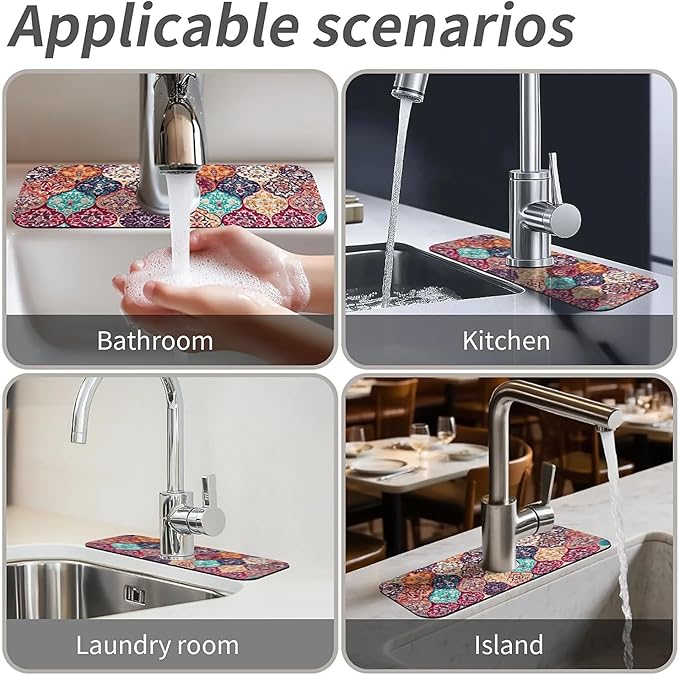 Kitchen Sink Splash Guard,Moroccan tiles Faucet Mat Sink Gadgets-Super Absorbent Fast Drying Mat Drip Catcher for Kitchen, Bathroom,Sink Mat, Dish Drying Mat, Bathroom(15" X 5.5" )