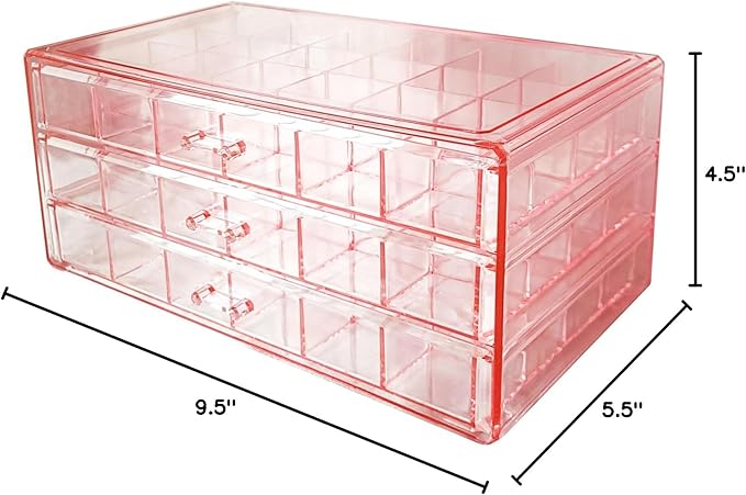 Acrylic Earrings Jewelry Organizer with 3 Drawers 72 grids, Stackable Necklace Rings Display Storage Case Box Holder, Clear pink