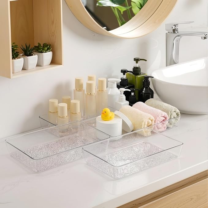 12 Pcs Plastic Drawer Organizer Trays, 12" x 8", Acrylic Organizers with Pebble-textured Clear Desk Storage Tray for Makeup, Jewelries, Kitchen Utensils, Bathroom and Office