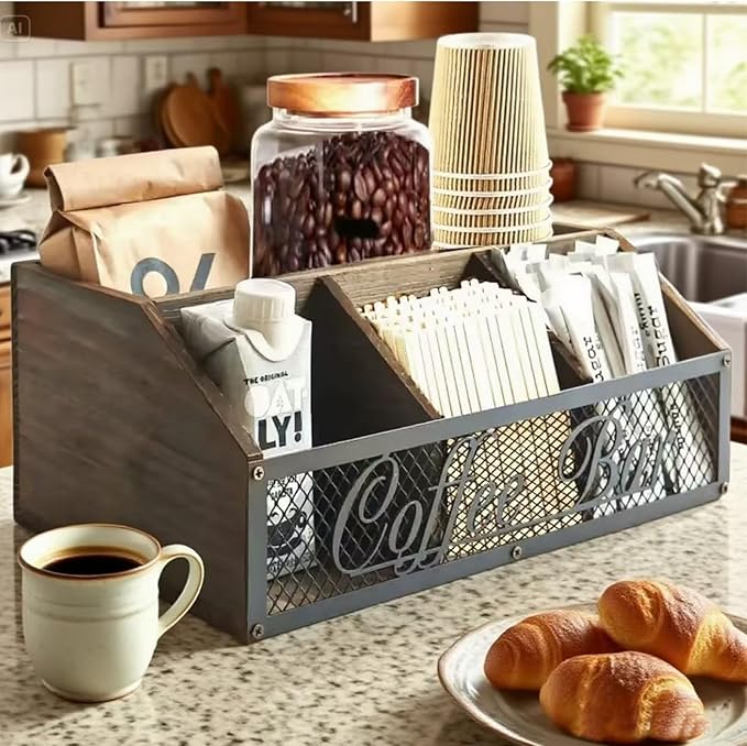 Coffee Station Organizer for Countertop, Wood Coffee Bar Organizer, Coffee Pods Holder Storage Box, Rustic Bar Accessories for Decor, Syrup and Tea Condiment (Brown)