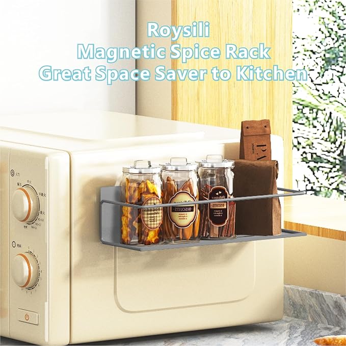 Roysili Magnetic Spice Rack For Refrigerator, Space Saving Magnetic Shelf For Fridge Grey 4 Pack