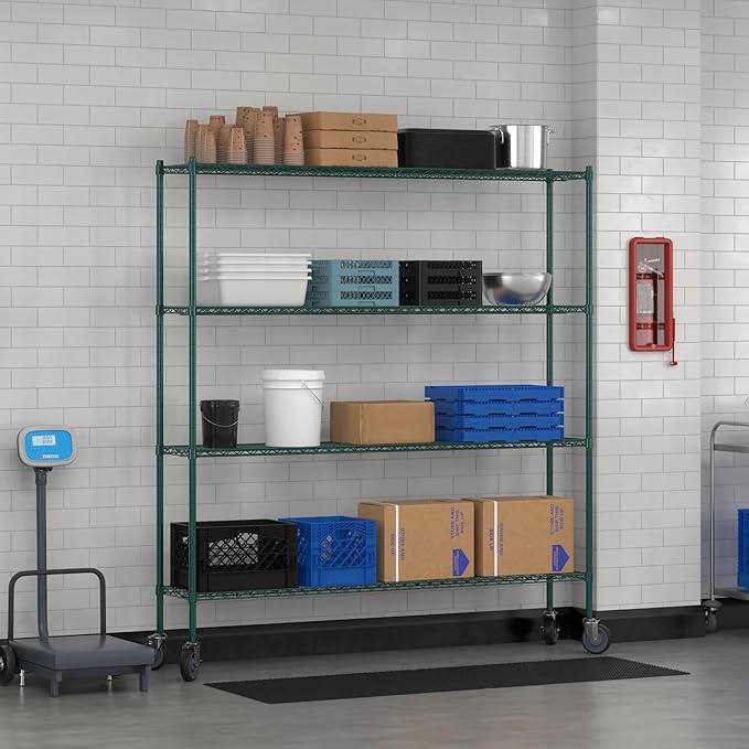 Commercial NSF Listed Green Epoxy Mobile Wire Shelving Kit 14" x 72" x 80", with 4 Shelves Perfect for Warehouse, Walk-in Refrigerator, Freezer, Grocery Store, Restaurant, Dishroom