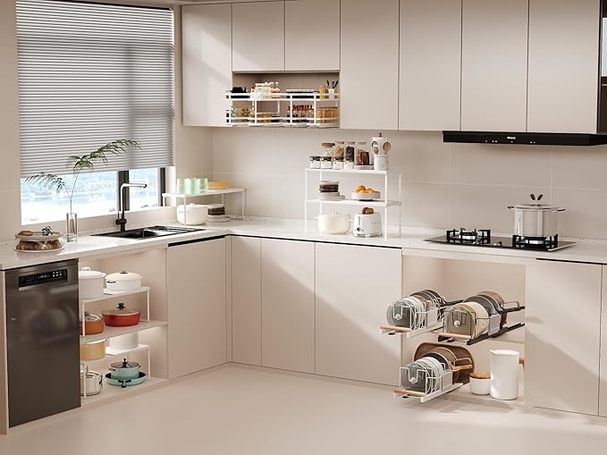 Expandable Cabinet Shelf Organizer, 1 Pack Stackable Kitchen Counter Shelf Riser, Metal Spice Rack Adjustable Heavy Duty Countertop Organizer Storage for Kitchen, Pantry, Cupboard, Rv (White)