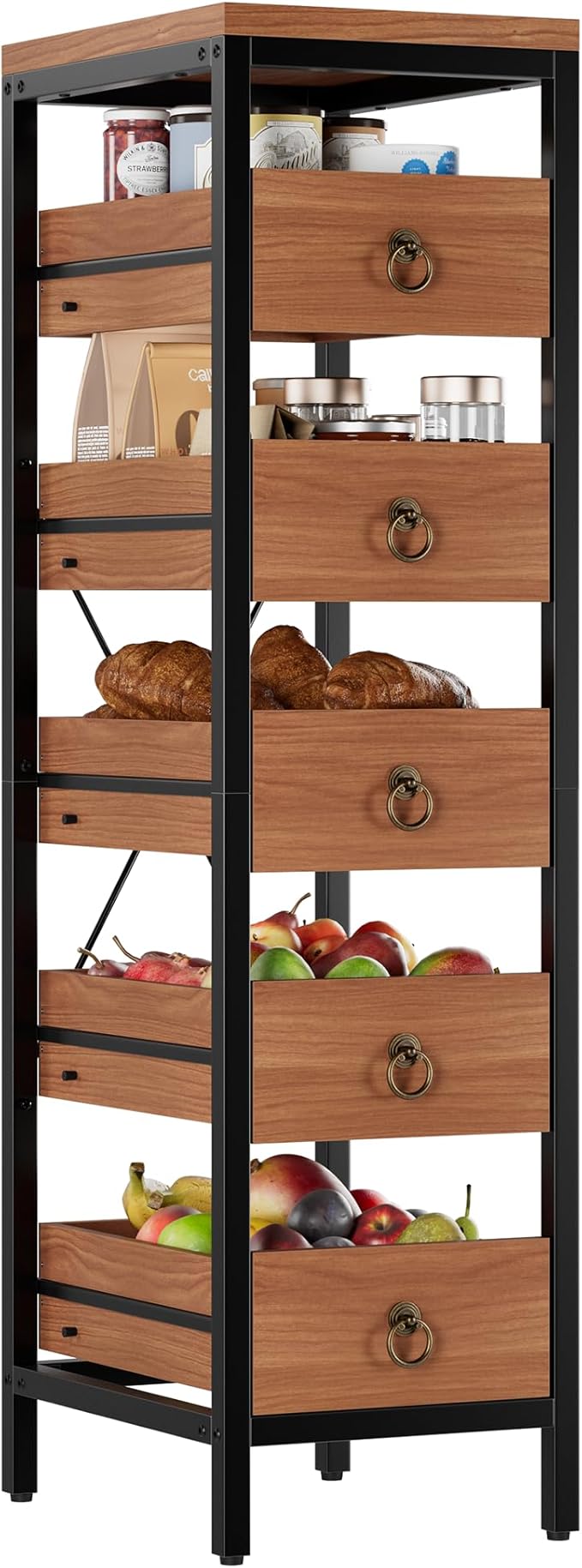 Kitchen Fruit Vegetable Storage Rack, 5-Tier Narrow Snack Fruit Display Stand with 5 Pull-Out Drawers Basket, Utility Organizer Standing Shelf for Kitchen Living Room Bathroom Supermarket, Walnut
