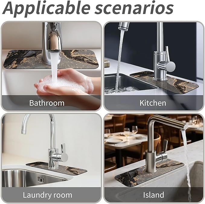 Kitchen Sink Splash Guard,Marble black gold Faucet Mat Sink Gadgets-Super Absorbent Fast Drying Mat Drip Catcher for Kitchen, Bathroom,Sink Mat, Dish Drying Mat, Bathroom(15" X 5.5" )