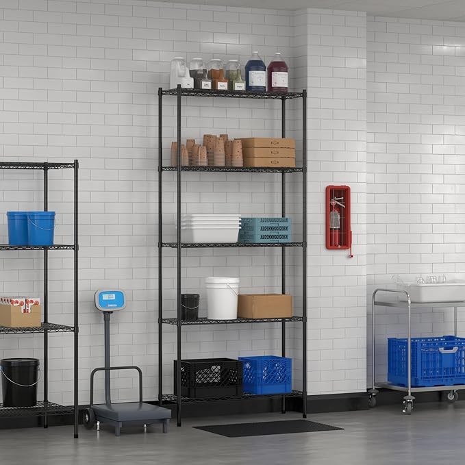 Commercial NSF Listed Black Epoxy Stationary Wire Shelving Kit 14" x 42" x 96", with 5 Shelves Perfect for Warehouse, Walk-in Refrigerator, Freezer, Grocery Store, Restaurant, Dishroom
