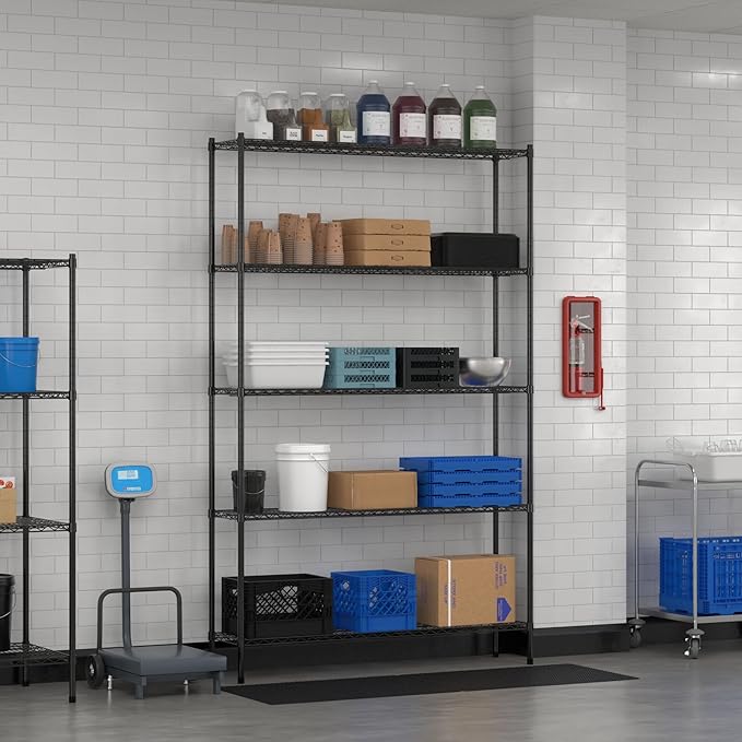 Commercial NSF Listed Black Epoxy Stationary Wire Shelving Kit 14" x 60" x 96", with 5 Shelves Perfect for Warehouse, Walk-in Refrigerator, Freezer, Grocery Store, Restaurant, Dishroom