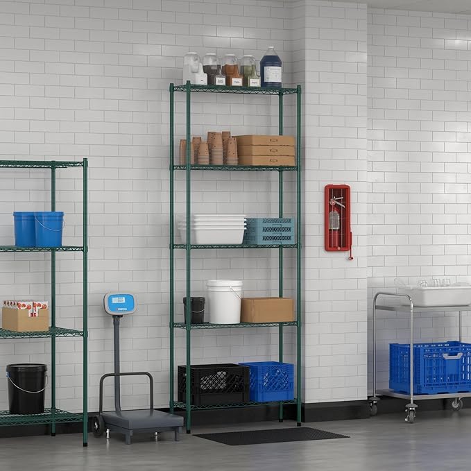 Commercial NSF Listed Green Epoxy Stationary Wire Shelving Kit 12" x 36" x 96", with 5 Shelves Perfect for Warehouse, Walk-in Refrigerator, Freezer, Grocery Store, Restaurant, Dishroom