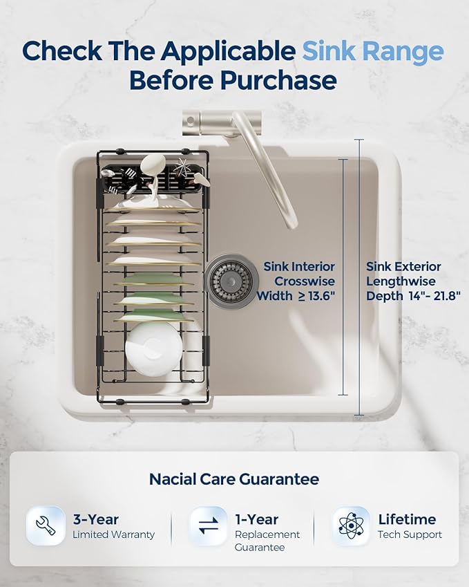 Nacial Small Dish Drying Rack with Utensil Holder, Expandable Dish Rack Over Sink with Auto-Drain Tray, Compact Dish Drainer for Kitchen Counter, Stainless Steel Dish Rack Fits 14''–21.8'' Sink, Black