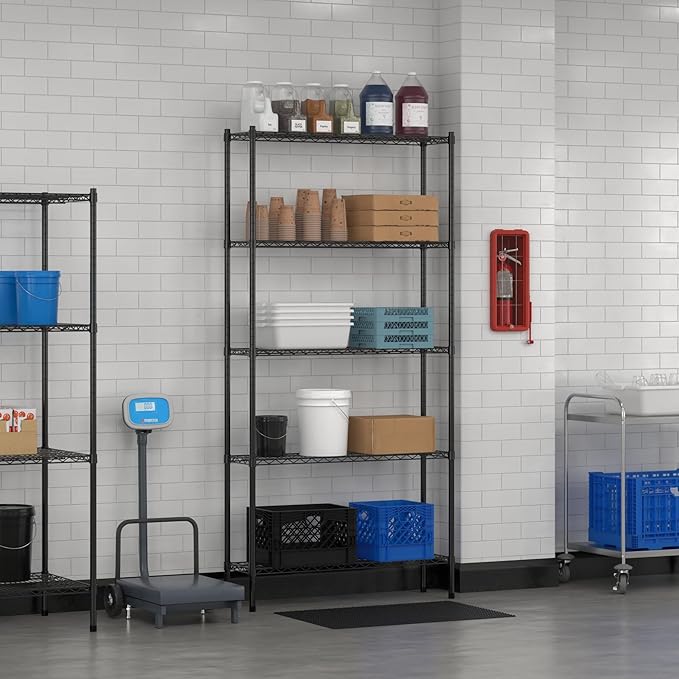 Commercial NSF Listed Black Epoxy Stationary Wire Shelving Kit 12" x 42" x 86", with 5 Shelves Perfect for Warehouse, Walk-in Refrigerator, Freezer, Grocery Store, Restaurant, Dishroom