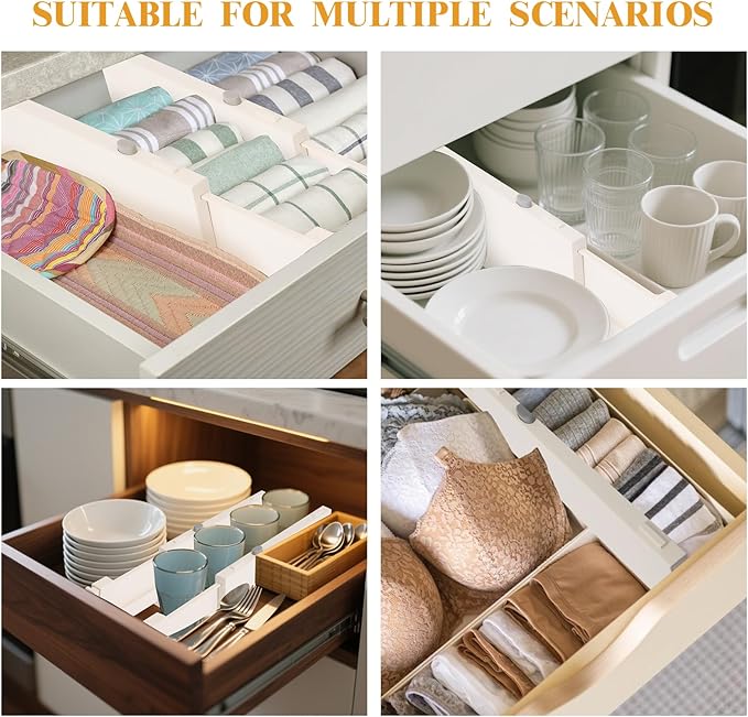 4 Pack 4" High Drawer Dividers, 11"-17" Expandable Drawer Organizer For Clothes, Dresser Drawer Organizer, Drawer Separators for Baby Clothes, Vanity, Kitchen and Office Storage, Warm White