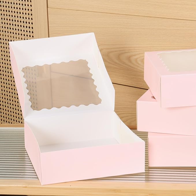 36 pcs 10x10x2.5 Inches Pink Bakery Boxes with Window, Cake Pastry Cookie Boxes, Mini Pie for Pastry box,Dessert,Strawberries,Chocolates (Pink, 10x10x2.5inch/36pcs)