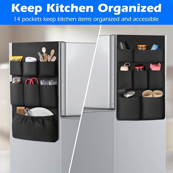 Dorm Room Essentials Mini Fridge Storage, 14 Pockets and Paper Goods Organizer, Dorm and Office Over the Fridge Caddy Organizer, College Essentials Flatware Storage Organizer - Black