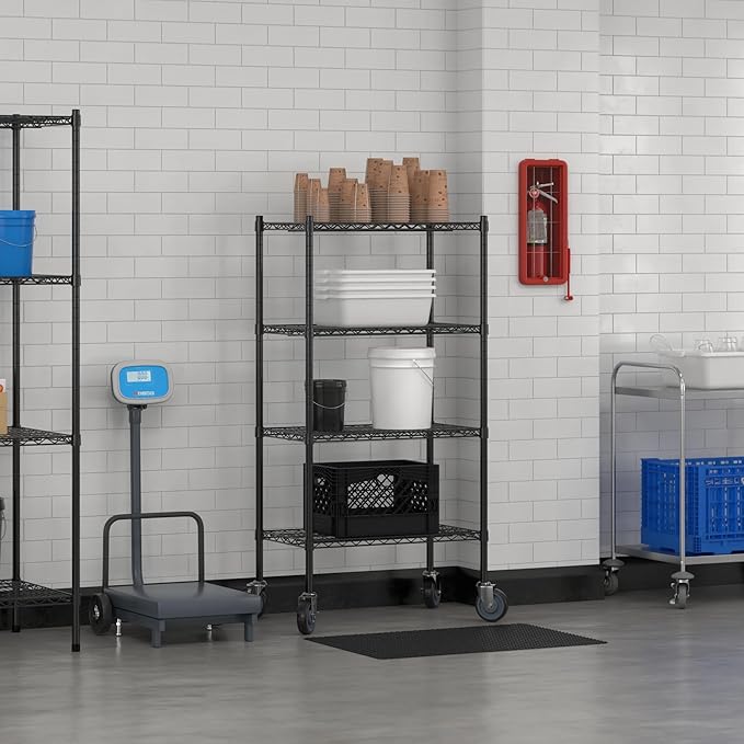 Commercial NSF Listed Black Epoxy Mobile Wire Shelving Kit 18" x 30" x 60", with 4 Shelves Perfect for Warehouse, Walk-in Refrigerator, Freezer, Grocery Store, Restaurant, Dishroom
