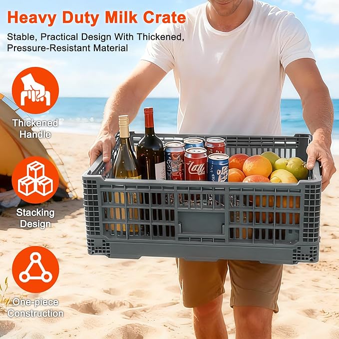 Shineyaplus Collapsible Milk Crate, 1 pck 52L(13GAL) Stackable Storage Bins, Heavy Duty Storage Crates, Plastic Crates for Grocery, Warehouse Organization - Extra Large, Holds 130 lbs Per Bin